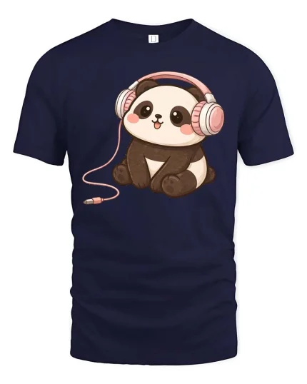 Cute Panda Headphones T-Shirt Kawaii Music Cartoon Graphic Tee - navy t-shirt on white background