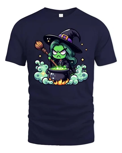Funny Witch Potion T-Shirt Cute Halloween Cartoon Graphic Tee - navy t-shirt on white background