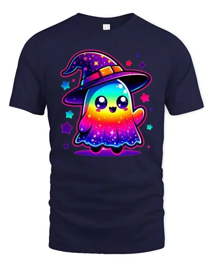 Cute Rainbow Ghost Witch T-Shirt Kawaii Halloween Graphic Tee - navy t-shirt on white background