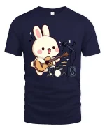 Cute Bunny Guitar T-Shirt Kawaii Music Cartoon Graphic Tee - navy t-shirt on white background