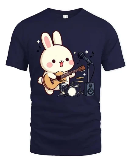 Cute Bunny Guitar T-Shirt Kawaii Music Cartoon Graphic Tee - navy t-shirt on white background