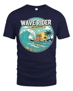 Wave Rider Surf Cat T-Shirt Vintage Beach Graphic Tee - navy t-shirt on white background