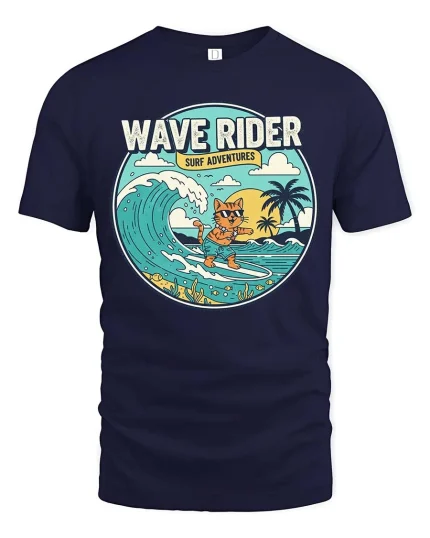 Wave Rider Surf Cat T-Shirt Vintage Beach Graphic Tee - navy t-shirt on white background