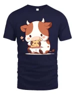 Cute Cow Eating Cookie T-Shirt Kawaii Cartoon Graphic Tee - navy t-shirt on white background