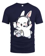 Cute Gamer Bunny T-Shirt Funny Cartoon Gaming Graphic Tee - navy t-shirt on white background