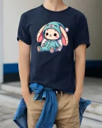 Cute Bunny Pajama T-Shirt Soft Cozy Kawaii Graphic Tee - model wearing navy tee with hands in pockets