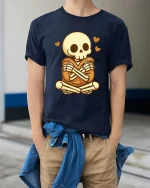 Cute Skeleton Love T-Shirt Funny Kawaii Skull Graphic Tee - model wearing navy tee with hands in pockets