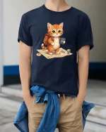 Cute Travel Cat T-Shirt Adventure Kitten Cartoon Graphic Tee - model wearing navy tee with hands in pockets