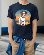 Cool Beach Dog T-Shirt Sunset Puppy Sunglasses Graphic Tee - model wearing navy tee with hands in pockets