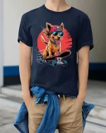 Cool Skateboarding Dog T-Shirt Funny Puppy Skater Graphic Tee - model wearing navy tee with hands in pockets