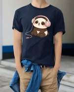 Cute Panda Headphones T-Shirt Kawaii Music Cartoon Graphic Tee - model wearing navy tee with hands in pockets