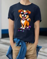 Cool Skater Dog T-Shirt Funny Puppy Sunglasses Graphic Tee - model wearing navy tee with hands in pockets