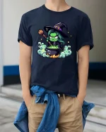 Funny Witch Potion T-Shirt Cute Halloween Cartoon Graphic Tee - model wearing navy tee with hands in pockets