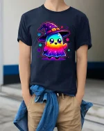 Cute Rainbow Ghost Witch T-Shirt Kawaii Halloween Graphic Tee - model wearing navy tee with hands in pockets