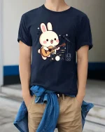 Cute Bunny Guitar T-Shirt Kawaii Music Cartoon Graphic Tee - model wearing navy tee with hands in pockets