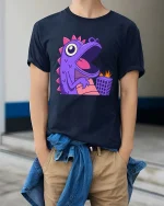 Funny Purple Dino Monster T-Shirt Cute Cartoon Graphic Tee - model wearing navy tee with hands in pockets