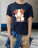 Cute Cow Eating Cookie T-Shirt Kawaii Cartoon Graphic Tee - model wearing navy tee with hands in pockets