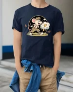 Cute Running Mouse T-Shirt Funny Cartoon Adventure Graphic Tee - model wearing navy tee with hands in pockets