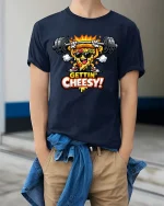 Gettin Cheesy Pizza Gym T-Shirt Funny Workout Graphic Tee - model wearing navy tee with hands in pockets