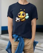 Cute Soccer Bee T-Shirt Kawaii Cartoon Sports Graphic Tee - model wearing navy tee with hands in pockets