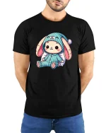 Cute Bunny Pajama T-Shirt Soft Cozy Kawaii Graphic Tee - model wearing black tee with hands behind back