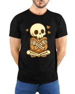 Cute Skeleton Love T-Shirt Funny Kawaii Skull Graphic Tee - model wearing black tee with hands behind back