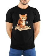 Cute Travel Cat T-Shirt Adventure Kitten Cartoon Graphic Tee - model wearing black tee with hands behind back