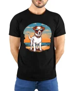 Cool Beach Dog T-Shirt Sunset Puppy Sunglasses Graphic Tee - model wearing black tee with hands behind back