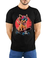 Cool Skateboarding Dog T-Shirt Funny Puppy Skater Graphic Tee - model wearing black tee with hands behind back