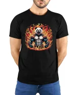 Muscle Panda Fire T-Shirt Fierce Animal Gym Graphic Tee - model wearing black tee with hands behind back