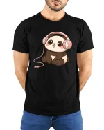 Cute Panda Headphones T-Shirt Kawaii Music Cartoon Graphic Tee - model wearing black tee with hands behind back