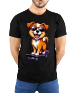 Cool Skater Dog T-Shirt Funny Puppy Sunglasses Graphic Tee - model wearing black tee with hands behind back