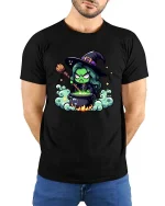 Funny Witch Potion T-Shirt Cute Halloween Cartoon Graphic Tee - model wearing black tee with hands behind back