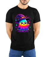 Cute Rainbow Ghost Witch T-Shirt Kawaii Halloween Graphic Tee - model wearing black tee with hands behind back