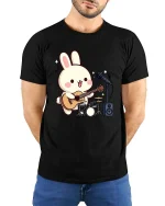Cute Bunny Guitar T-Shirt Kawaii Music Cartoon Graphic Tee - model wearing black tee with hands behind back