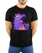Funny Purple Dino Monster T-Shirt Cute Cartoon Graphic Tee - model wearing black tee with hands behind back