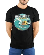 Wave Rider Surf Cat T-Shirt Vintage Beach Graphic Tee - model wearing black tee with hands behind back