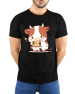 Cute Cow Eating Cookie T-Shirt Kawaii Cartoon Graphic Tee - model wearing black tee with hands behind back