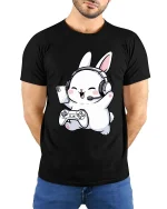 Cute Gamer Bunny T-Shirt Funny Cartoon Gaming Graphic Tee - model wearing black tee with hands behind back