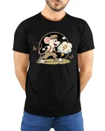 Cute Running Mouse T-Shirt Funny Cartoon Adventure Graphic Tee - model wearing black tee with hands behind back