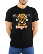 Gettin Cheesy Pizza Gym T-Shirt Funny Workout Graphic Tee - model wearing black tee with hands behind back