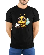 Cute Soccer Bee T-Shirt Kawaii Cartoon Sports Graphic Tee - model wearing black tee with hands behind back