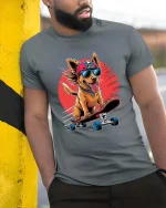 Cool Skateboarding Dog T-Shirt Funny Puppy Skater Graphic Tee - model wearing grey tee, leaning on column