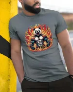 Muscle Panda Fire T-Shirt Fierce Animal Gym Graphic Tee - model wearing grey tee, leaning on column
