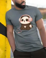 Cute Panda Headphones T-Shirt Kawaii Music Cartoon Graphic Tee - model wearing grey tee, leaning on column