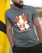 Cute Cow Eating Cookie T-Shirt Kawaii Cartoon Graphic Tee - model wearing grey tee, leaning on column
