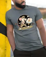 Cute Running Mouse T-Shirt Funny Cartoon Adventure Graphic Tee - model wearing grey tee, leaning on column