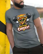 Gettin Cheesy Pizza Gym T-Shirt Funny Workout Graphic Tee - model wearing grey tee, leaning on column