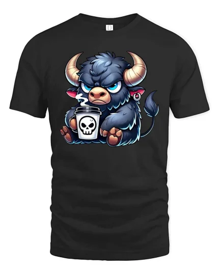 Angry Bull Coffee Graphic T-Shirt Funny Cartoon Animal - black t-shirt on white background