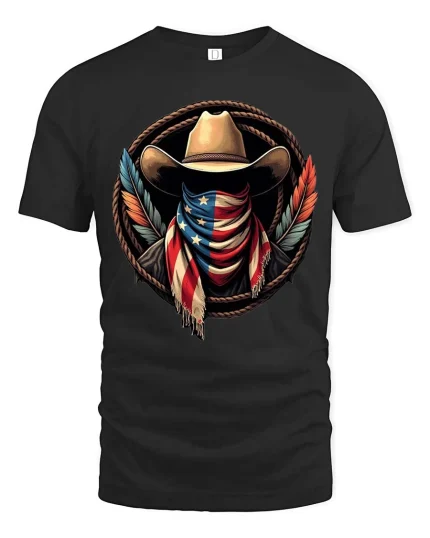 American Cowboy Flag T-Shirt Patriotic Western Graphic - black t-shirt on white background